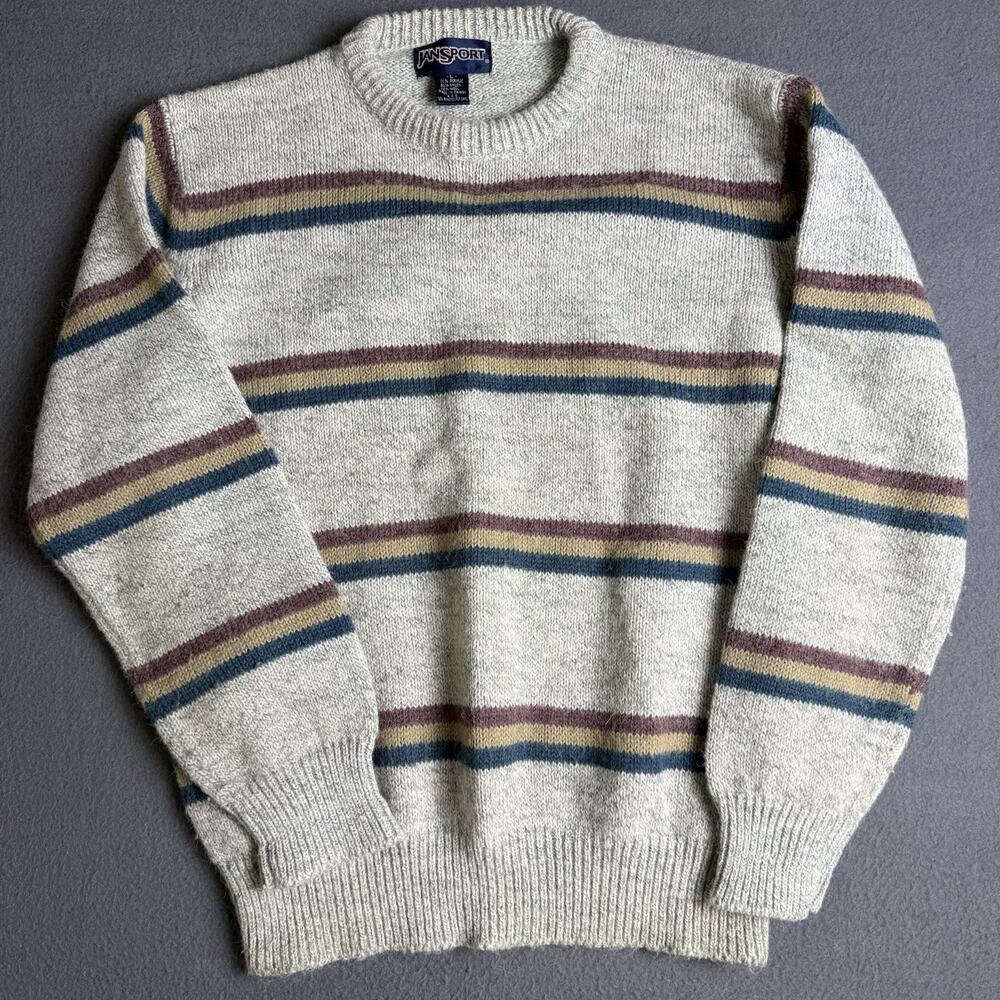 Vintage Jan Sport Wool Sweater Size Large Gray Stripe Preppy 90s Grunge